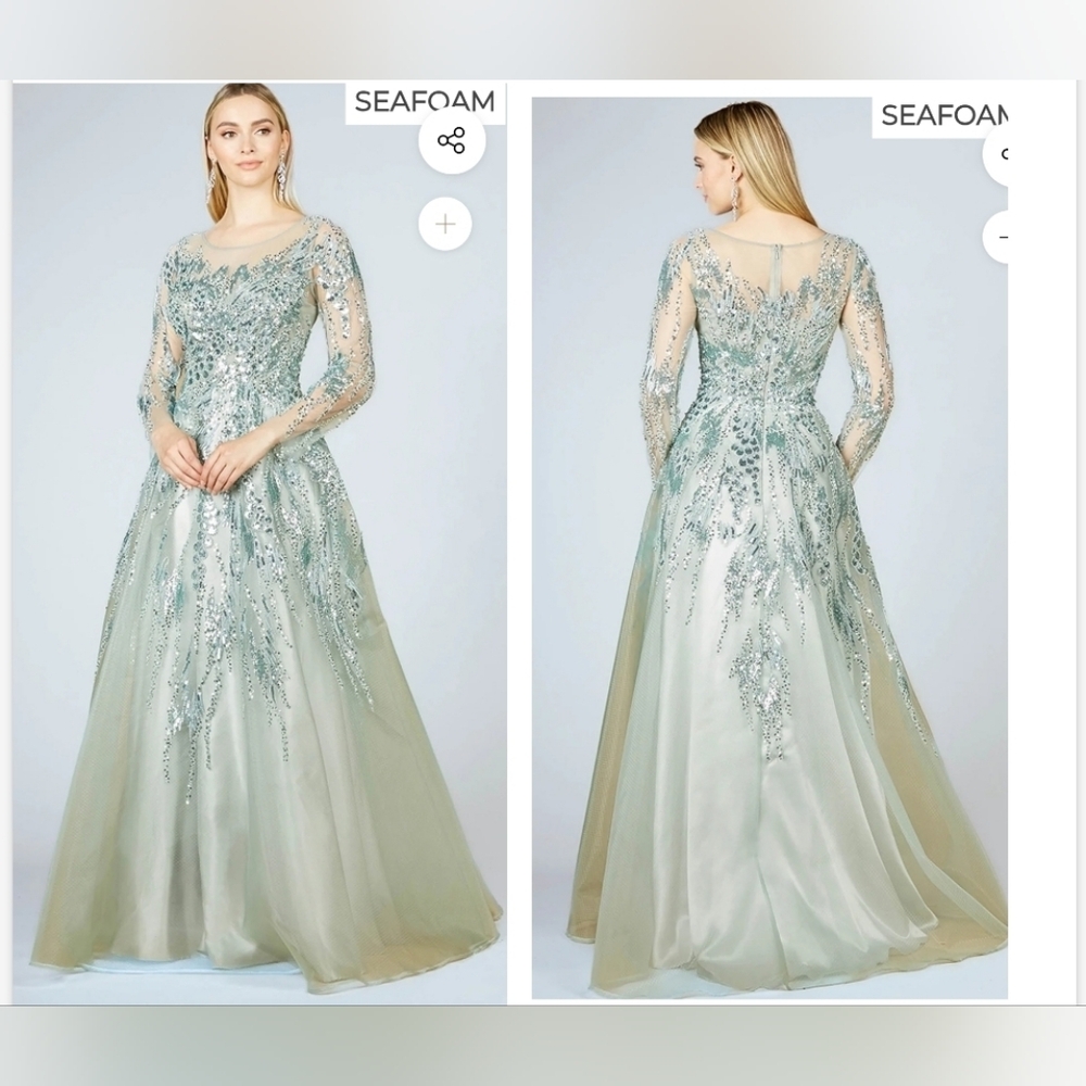 NWT Lara Women's High Neck Lace Gown with Sheer Sleeves Seafoam Green SZ 10